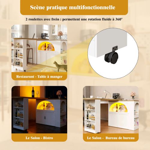 Table Bar - Table Haute Mobile - LED Intégrée - Rangement - Portes Arquées - Blanc