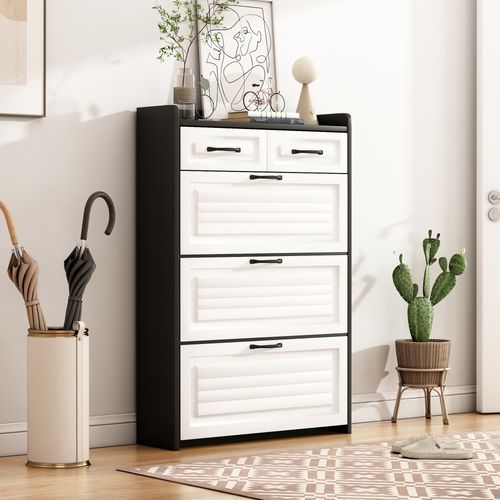 Meuble à Chaussures - Abattants Rotatifs - 2 Tiroirs - Rangement - Entrée Ou Salon - Mdf -blanc/noir