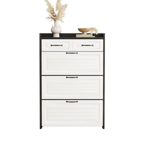 Meuble à Chaussures - Abattants Rotatifs - 2 Tiroirs - Rangement - Entrée Ou Salon - Mdf -blanc/noir