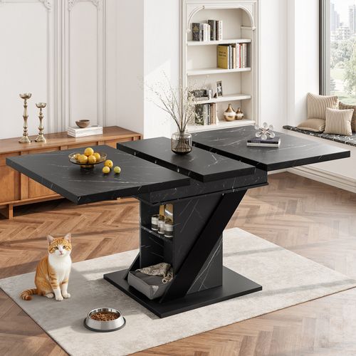 Table De Cuisine Extensible, Plateau Mdf Noir Effet Marbre, Pieds Métal Stables, 110-140 X 80 Cm