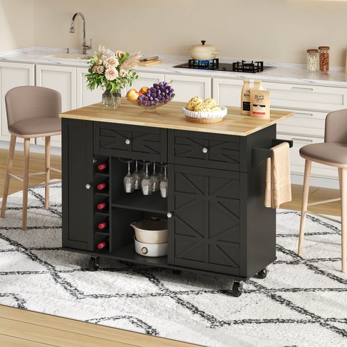 Îlot De Cuisine - Plateau Pliable - Roulettes Verrouillables - Rangements Bouteilles Et Verres -noir