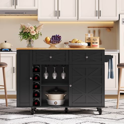 Îlot De Cuisine - Plateau Pliable - Roulettes Verrouillables - Rangements Bouteilles Et Verres -noir