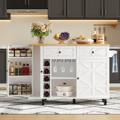 Îlot De Cuisine Mobile -pliable - Rangements Bouteilles Et Verres -5 Roulettes Verrouillables -blanc