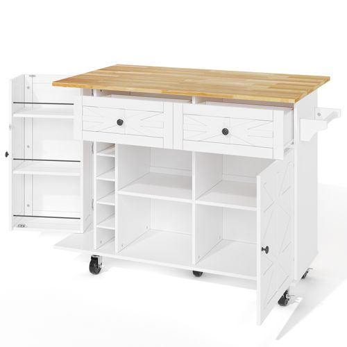 Îlot De Cuisine Mobile -pliable - Rangements Bouteilles Et Verres -5 Roulettes Verrouillables -blanc