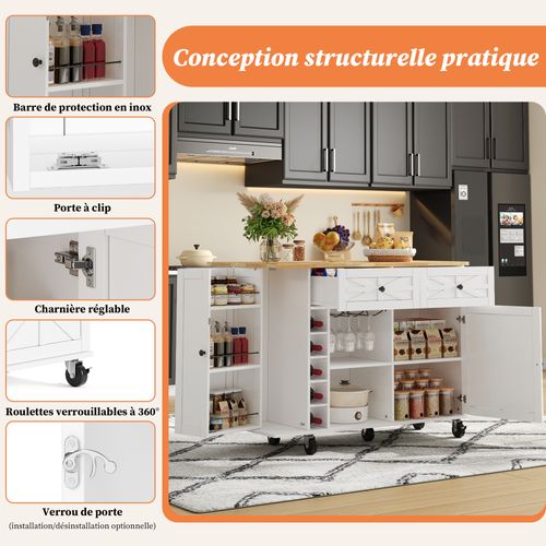 Îlot De Cuisine Mobile -pliable - Rangements Bouteilles Et Verres -5 Roulettes Verrouillables -blanc