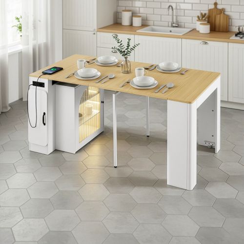 Îlot De Cuisine Chariot - Table Extensible 3 Compartiments Et Prise Électrique - Mdf - Blanc
