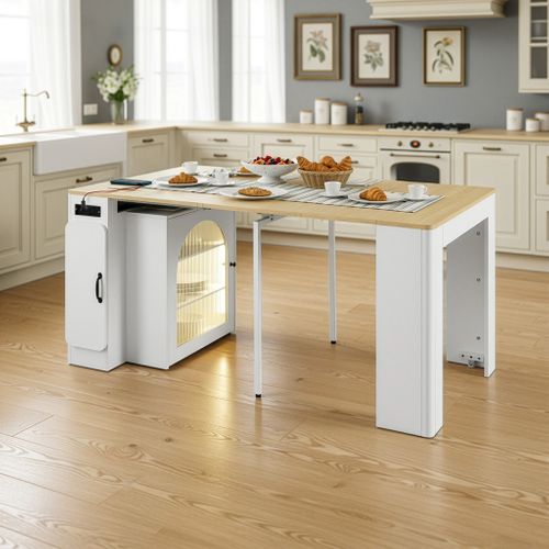 Îlot De Cuisine Chariot - Table Extensible 3 Compartiments Et Prise Électrique - Mdf - Blanc