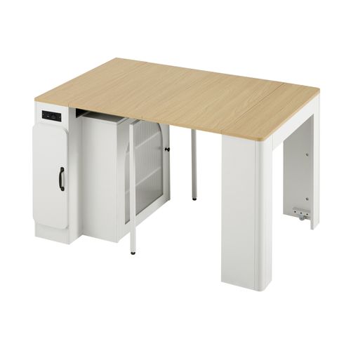 Îlot De Cuisine Chariot - Table Extensible 3 Compartiments Et Prise Électrique - Mdf - Blanc