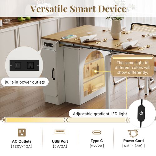 Îlot De Cuisine Chariot - Table Extensible 3 Compartiments Et Prise Électrique - Mdf - Blanc