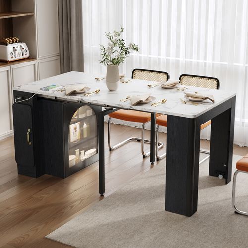 Îlot De Cuisine Chariot Avec Table Extensible 3 Compartiments Et Prise Électrique - Mdf - Blanc+noir