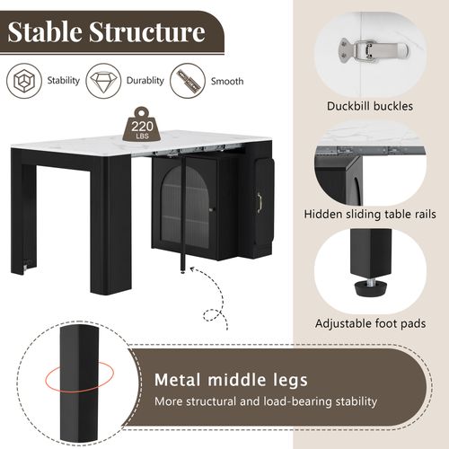 Îlot De Cuisine Chariot Avec Table Extensible 3 Compartiments Et Prise Électrique - Mdf - Blanc+noir