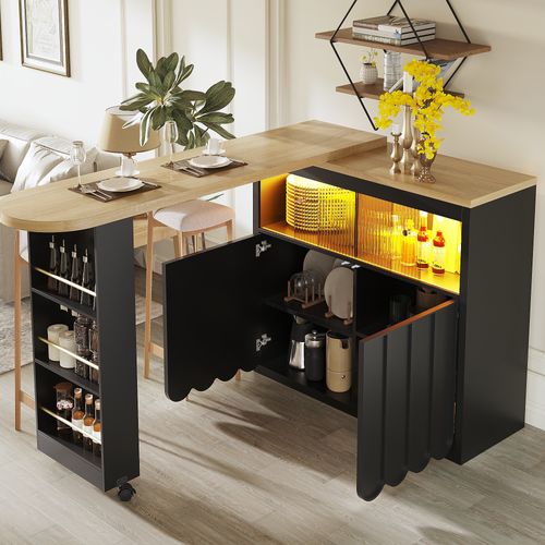 Table Bar - Meuble Bar Moderne - LED - Portes Coulissantes Verre - Extensible Cuisine - Mdf - Noir