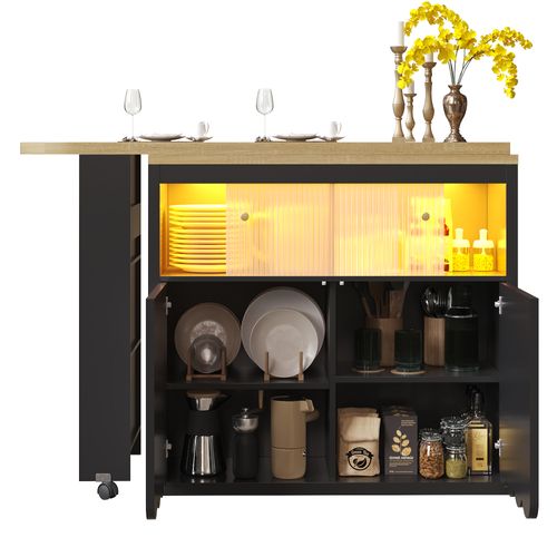 Table Bar - Meuble Bar Moderne - LED - Portes Coulissantes Verre - Extensible Cuisine - Mdf - Noir