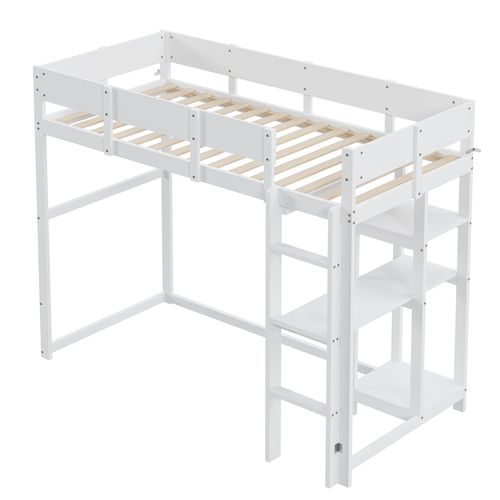 Lit Mezzanine 90x200 - Lit Enfant Avec Barrière Sécurisée -étagère Intégrée -structure En Pin -blanc