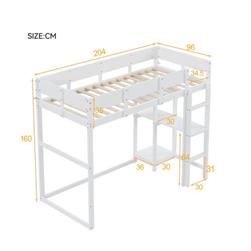 Lit Mezzanine 90x200 - Lit Enfant Avec Barrière Sécurisée -étagère Intégrée -structure En Pin -blanc