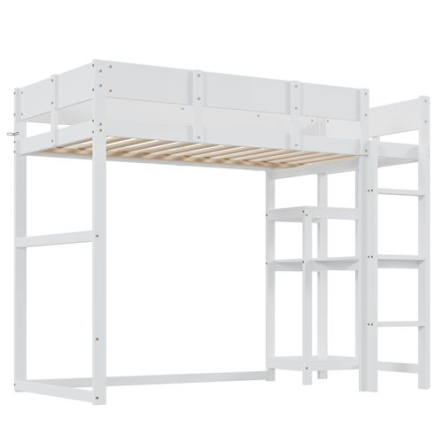 Lit Mezzanine 90x200 - Lit Enfant Avec Barrière Sécurisée -étagère Intégrée -structure En Pin -blanc