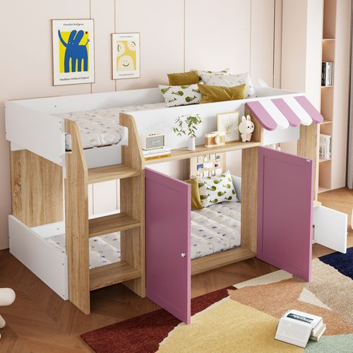 Lit Mezzanine Enfant 90x200 Cm - Mi-hauteur - Échelle - Rangement Ouvert - Bois -blanc + Rose