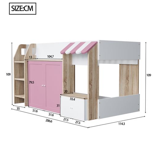 Lit Mezzanine Enfant 90x200 Cm - Mi-hauteur - Échelle - Rangement Ouvert - Bois -blanc + Rose