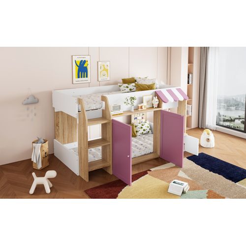 Lit Mezzanine Enfant 90x200 Cm - Mi-hauteur - Échelle - Rangement Ouvert - Bois -blanc + Rose