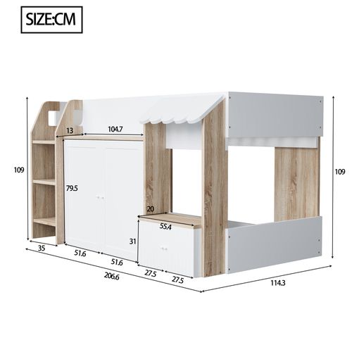 Lit Mezzanine Enfant 90x200 Cm - Mi-hauteur- Échelle - Rangement - Bois Massif Naturel - Blanc