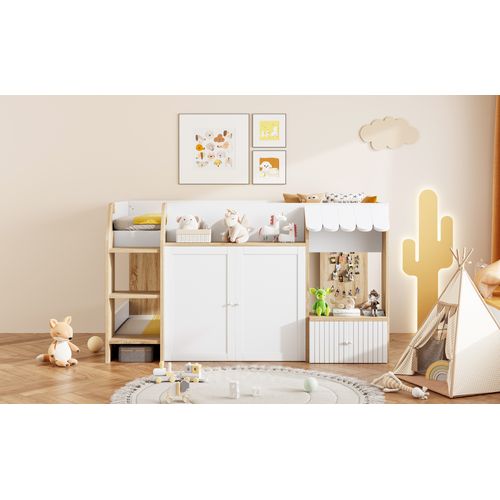 Lit Mezzanine Enfant 90x200 Cm - Mi-hauteur- Échelle - Rangement - Bois Massif Naturel - Blanc