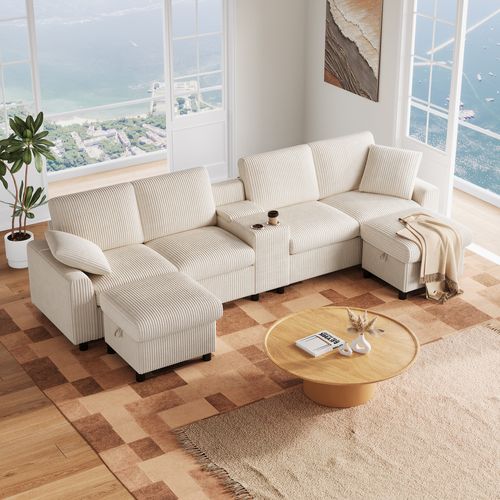 Canapé D’angle Modulable - Table Basse - 2 Poufs - USB - Prises Électriques - Velours Côtelé Beige