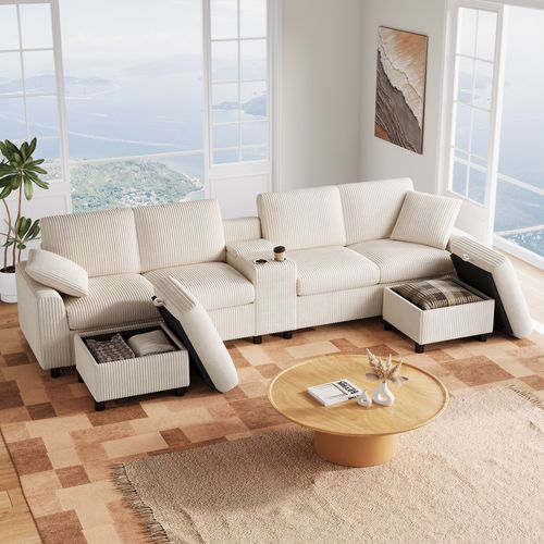 Canapé D’angle Modulable - Table Basse - 2 Poufs - USB - Prises Électriques - Velours Côtelé Beige