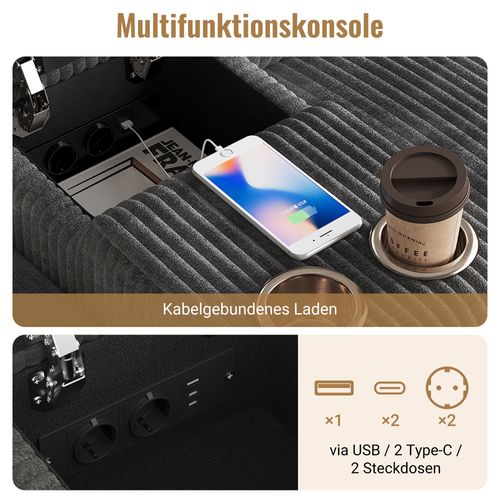 Canapé D’angle Modulable - Table Basse - 2 Poufs - USB - Prises Électriques - Velours Côtelé Gris