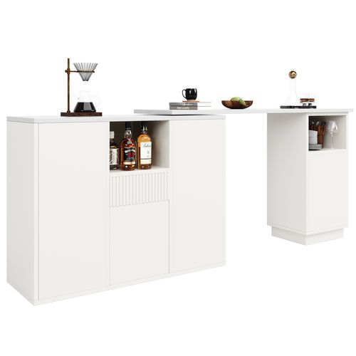 Table Bar - Meuble Bar 360° - Rangement Intégré - Plan Effet Marbre - Îlot Cuisine En L - Mdf- Blanc