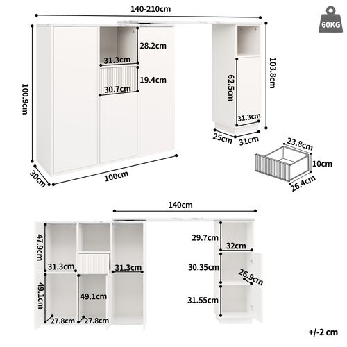Table Bar - Meuble Bar 360° - Rangement Intégré - Plan Effet Marbre - Îlot Cuisine En L - Mdf- Blanc