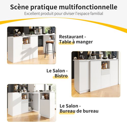 Table Bar - Meuble Bar 360° - Rangement Intégré - Plan Effet Marbre - Îlot Cuisine En L - Mdf- Blanc