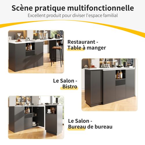 Table Bar - Bar Multifonction - Rotation 360° - Rangement Intégré - Plan Effet Marbre - Mdf - Noir