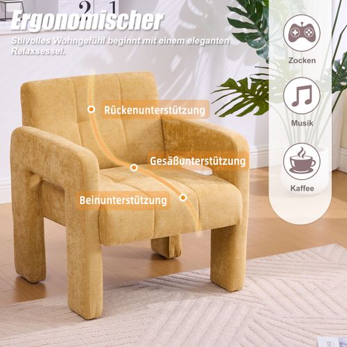 Fauteuil D’appoint - Confortable - Accoudoirs - Assise Rembourrée -moderne Nordique -chenille- Jaune