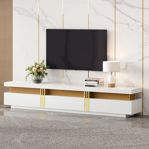 Meuble TV Avec Trois Tiroirs Et Rangement Câbles Intégré, Style Marbre Moderne, Spanplatte Blanc
