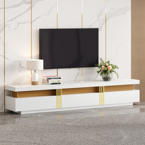 Meuble TV Avec Trois Tiroirs Et Rangement Câbles Intégré, Style Marbre Moderne, Spanplatte Blanc