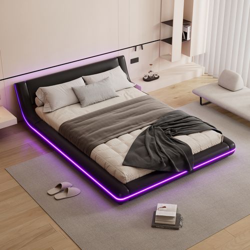 Lit Double Adulte 140x200 Cm - Éclairage LED Multicolore - Télécommande 24 Touches - Pu Et Mdf -noir
