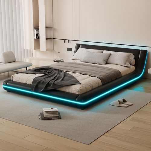 Lit Double Adulte 140x200 Cm - Éclairage LED Multicolore - Télécommande 24 Touches - Pu Et Mdf -noir