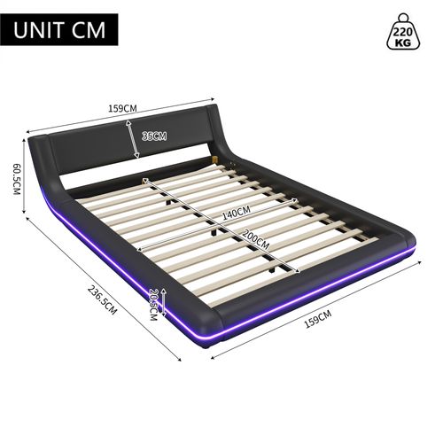 Lit Double Adulte 140x200 Cm - Éclairage LED Multicolore - Télécommande 24 Touches - Pu Et Mdf -noir