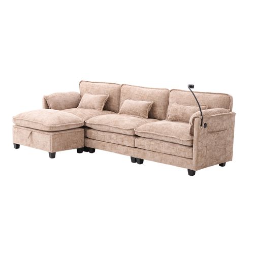 Canapé Modulaire - 2 Places - USB - Poche Latérale - Support Téléphone - Poufs - Chenille Kaki