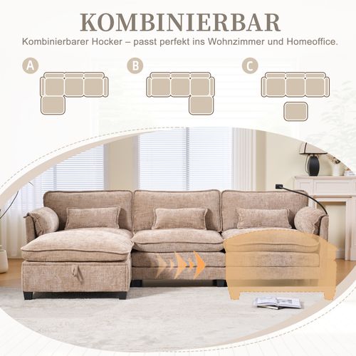 Canapé Modulaire - 2 Places - USB - Poche Latérale - Support Téléphone - Poufs - Chenille Kaki