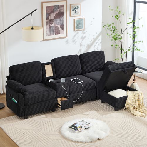 Canapé 3 Places - USB - Poches Latérales - Coffre De Rangement - Pouf Amovible - Velours Côtelé Noir