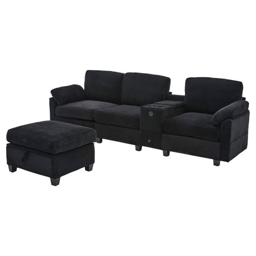 Canapé 3 Places - USB - Poches Latérales - Coffre De Rangement - Pouf Amovible - Velours Côtelé Noir