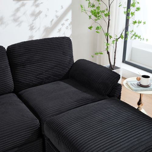 Canapé 3 Places - USB - Poches Latérales - Coffre De Rangement - Pouf Amovible - Velours Côtelé Noir