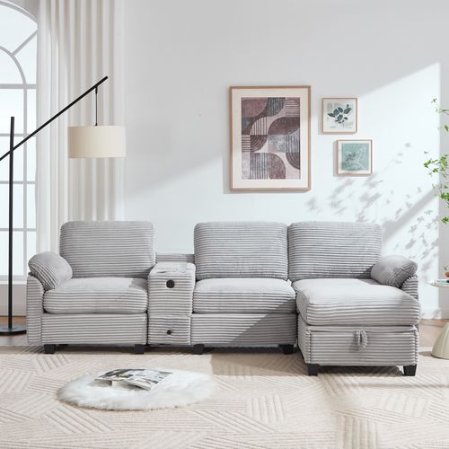 Canapé 3 Places - USB- Poches Latérales - Coffre - Pouf Amovible - Velours Côtelé Gris Clair