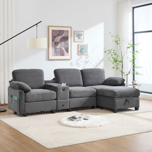 Canapé 3 Places - USB - Poches Latérales - Coffre De Rangement - Pouf Amovible - Velours Côtelé Gris