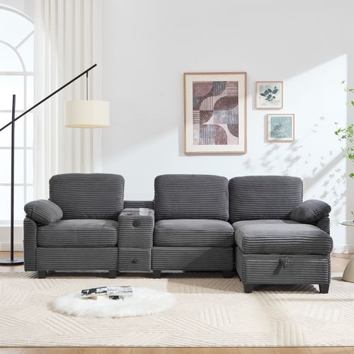 Canapé 3 Places - USB - Poches Latérales - Coffre De Rangement - Pouf Amovible - Velours Côtelé Gris