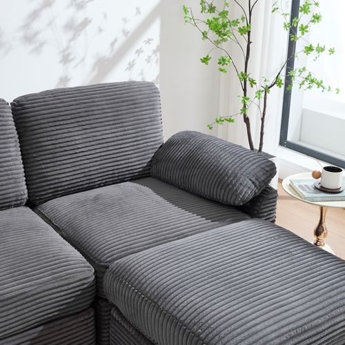 Canapé 3 Places - USB - Poches Latérales - Coffre De Rangement - Pouf Amovible - Velours Côtelé Gris