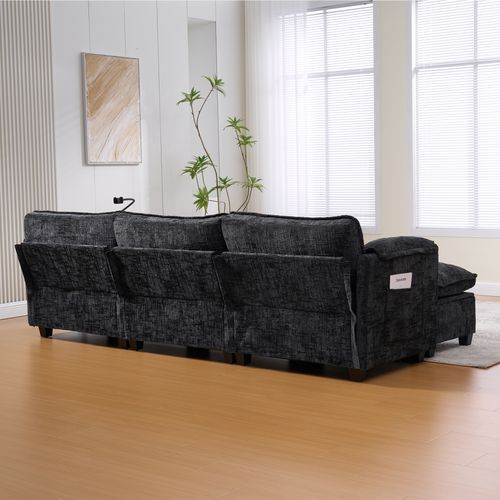 Canapé Modulaire - 2 Places - USB - Poche Latérale - Support Téléphone - Poufs - Chenille Noir