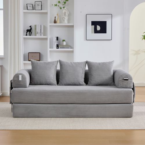 Canapé compressé modulable avec structure en métal, poches latérales, 3 coussins-Gris Clair