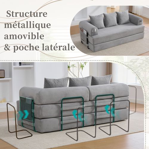 Canapé compressé modulable avec structure en métal, poches latérales, 3 coussins-Gris Clair